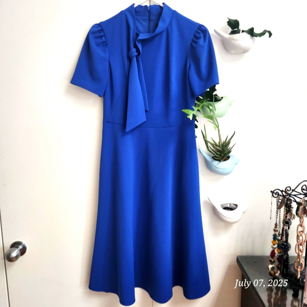 Size 4 Ivy + Blu Cobalt / Royal Blue Bow Neck A-Line Dress HAS POCKETS